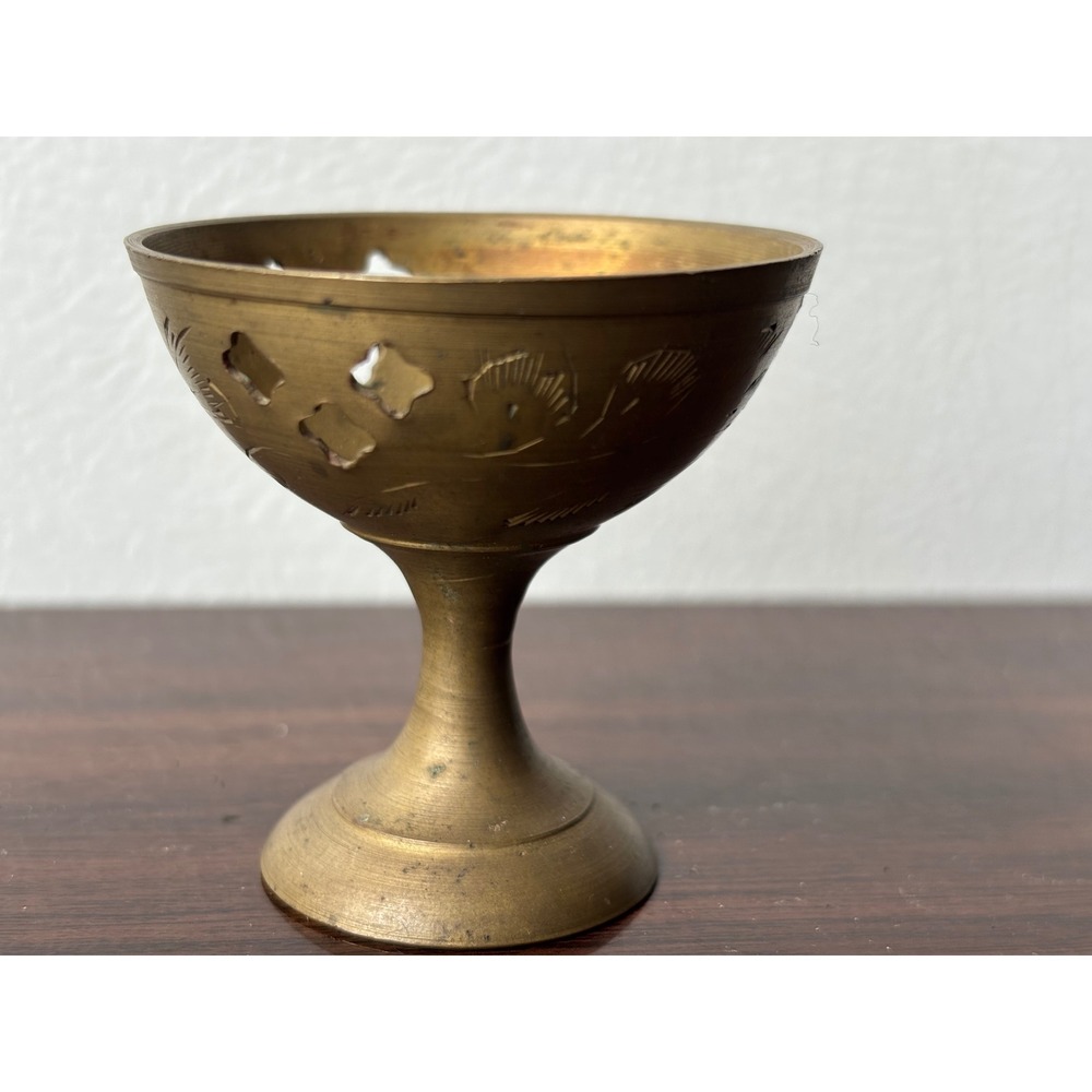 Vintage India Solid Brass Etched Footed Incense Burner Bowl Cut Out Design 2.5in